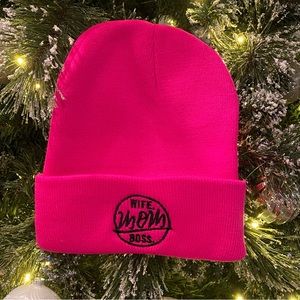 Wife.Mom.Boss beanie hot pink mamma mother camping hat neon
